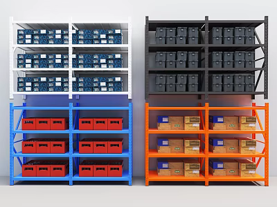 Colorful Storage Racks Featuring White Black Blue Orange Shelves With Boxes 3d model