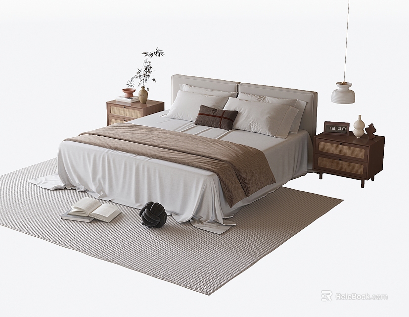 Modern Minimalist Bedroom Interior With Wooden Nightstands And Plant Vase Next To Bed 3d model 