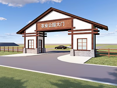 Agricultural Park Entrance Gate with Traditional Wooden Structure and Gabled Roof Surrounded by Lawn 3d model