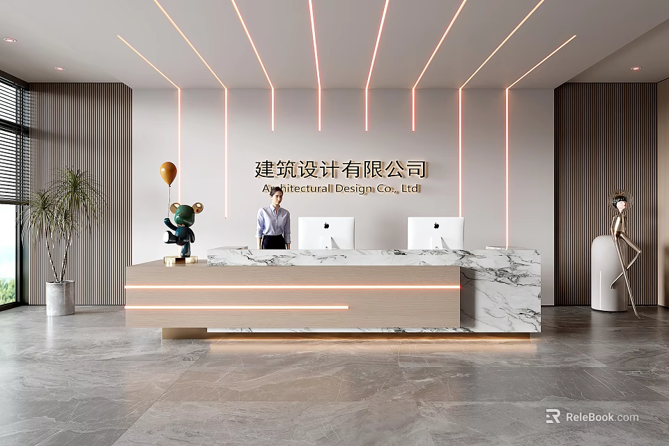 Modern Reception Desk in Architectural Design Company Lobby With Marble Counter And Ambient Lighting 3d model 