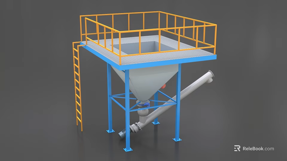 Industrial Hopper Equipment With Yellow Guardrail Blue Support Frame And Pipeline 3d model 
