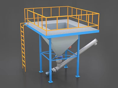 Industrial Hopper Equipment With Yellow Guardrail Blue Support Frame And Pipeline 3d model