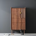 Modern Walnut Wood Wardrobe With Four Doors Drawers Matching Chest And Decorative Cat Figurine Dried Flowers