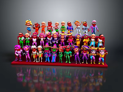 Vibrant Colorful Character And Creature Figurines Collection On Red Display Base 3d model