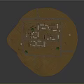 Cartoon Village Scene with Circular Dirt Terrain Small Buildings Green Trees and Dirt Roads