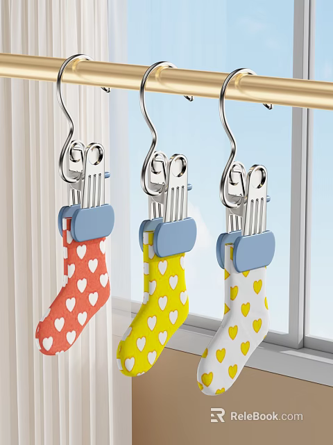 Metal Hangers With Clips Holding Colorful Socks With Heart Patterns In Natural Light 3d model 