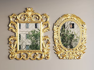 Elegant Mirrors With Golden Intricate Carvings Square Oval Frames Reflecting Building Green Plants 3d model