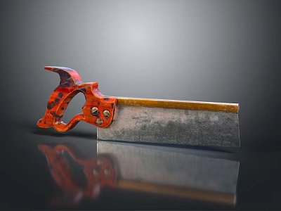 Vintage Garden Hand Saw with Red Handle and Metal Blade on Dark Reflective Background 3d model