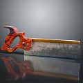 Vintage Garden Hand Saw with Red Handle and Metal Blade on Dark Reflective Background