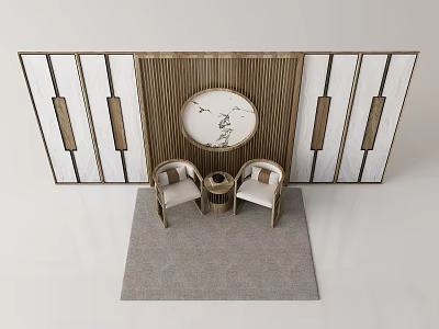 Minimalist Table And Chair Set With Circular Painting On Wooden Striped Wall And Gray Carpet 3d model