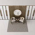 Minimalist Table And Chair Set With Circular Painting On Wooden Striped Wall And Gray Carpet