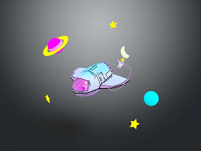 Colorful Spacecraft in Space Scene With Planets Stars and Crescent Moon 3d model