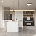 Modern Restaurant Interior Design With White Cabinets Marble Island And Hanging Lights