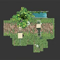 Cartoon Scene With Green Tree Stone Structures Small Pond Grass And Stone Path