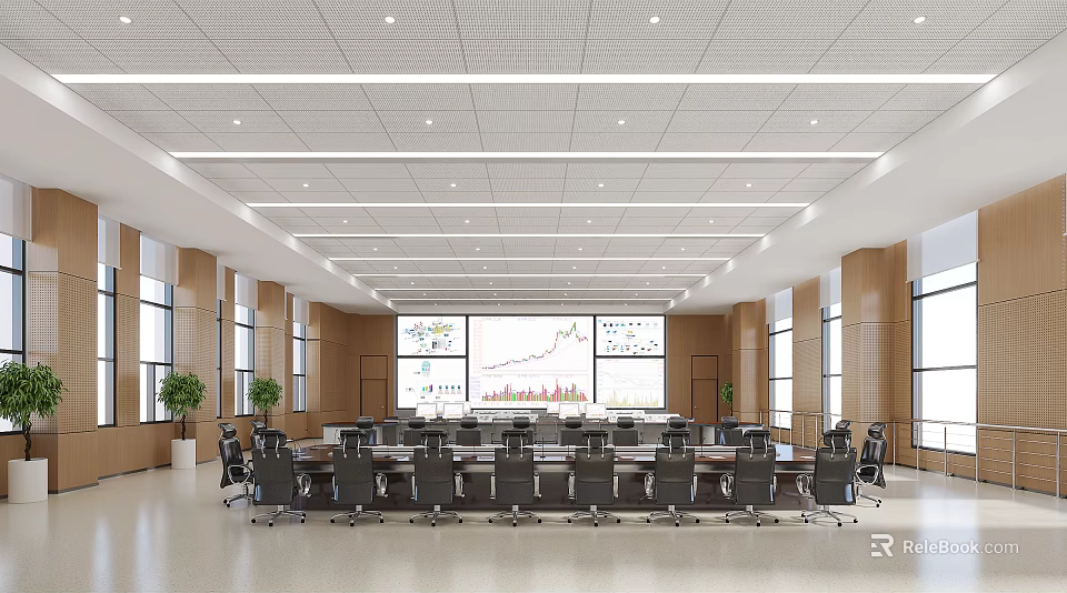 Modern Spacious Conference Room With Large Table Black Chairs And Screen Displaying Charts Data 3d model 