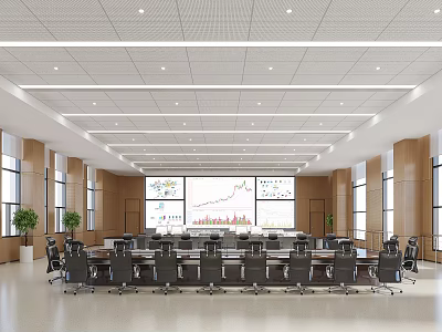 Modern Spacious Conference Room With Large Table Black Chairs And Screen Displaying Charts Data 3d model
