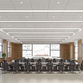 Modern Spacious Conference Room With Large Table Black Chairs And Screen Displaying Charts Data