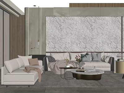 Modern Stylish Sofa Coffee Table Set with Pillows Blanket Decorative Items and Marble Wall 3d model