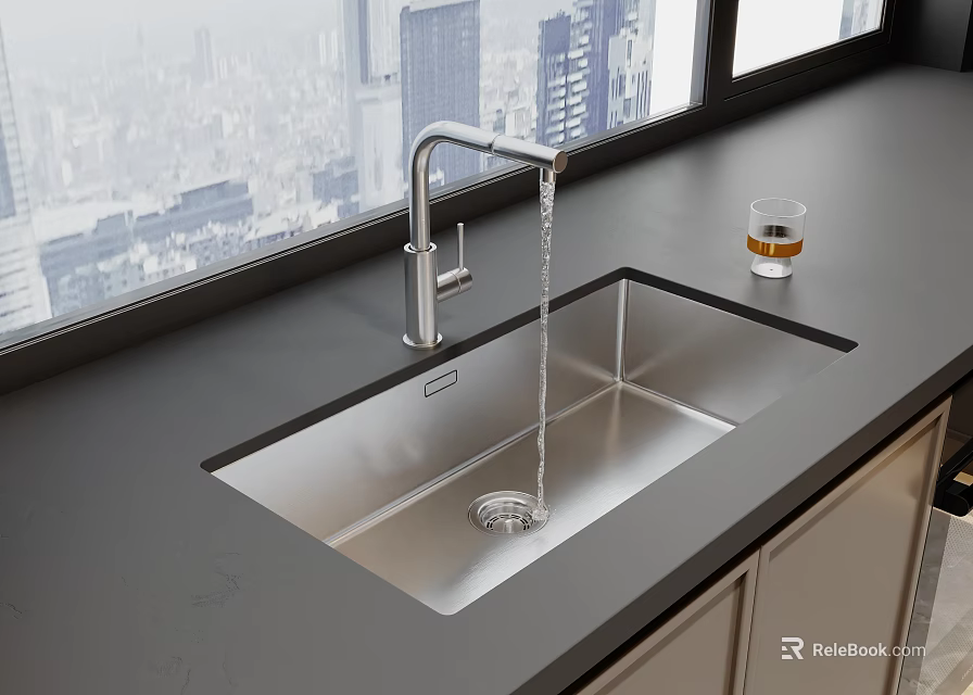 Stainless Steel Kitchen Sink With Running Water Faucet Glass Large Window City View Dark Countertop 3d model 
