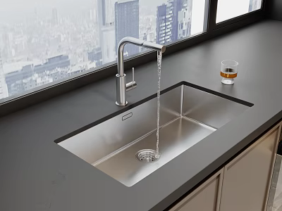 Stainless Steel Kitchen Sink With Running Water Faucet Glass Large Window City View Dark Countertop 3d model