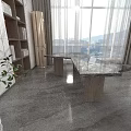 Spacious Study Room Interior Design With Marble Table Wooden Legs Large Window Curtains And Bookshelves