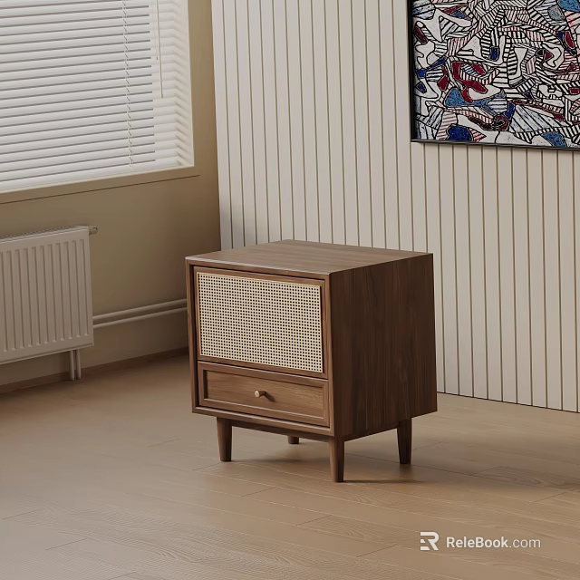Minimalist Modern Walnut Bedside Table With Woven Panel And Drawer In Bedroom Interior 3d model 