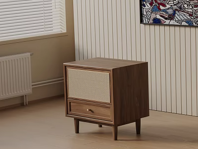 Minimalist Modern Walnut Bedside Table With Woven Panel And Drawer In Bedroom Interior 3d model