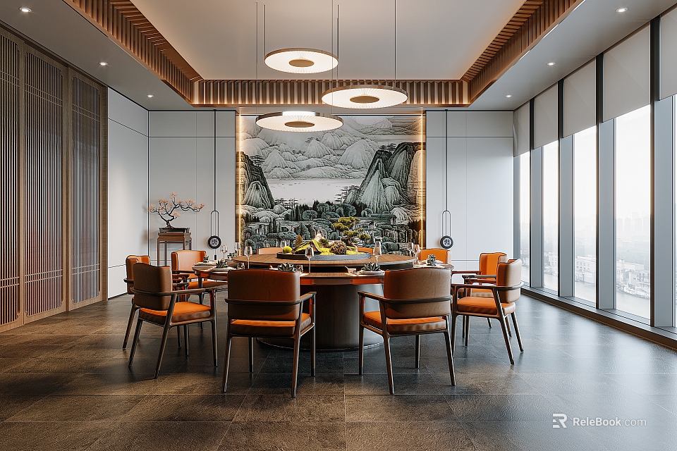Elegant Modern Restaurant Interior With Round Table Landscape Painting Pendant Lights And Floor-to-Ceiling Windows 3d model 