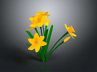 Vibrant Yellow Flowers With Green Stems And Leaves On Gray Background 3d model