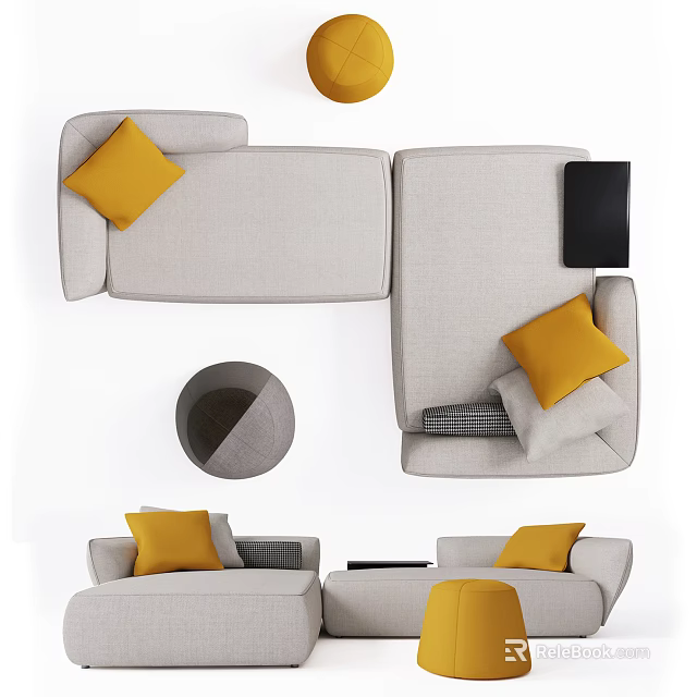 Light Gray Sofa Set With Yellow Pillows Black Cushions And Round Side Table 3d model