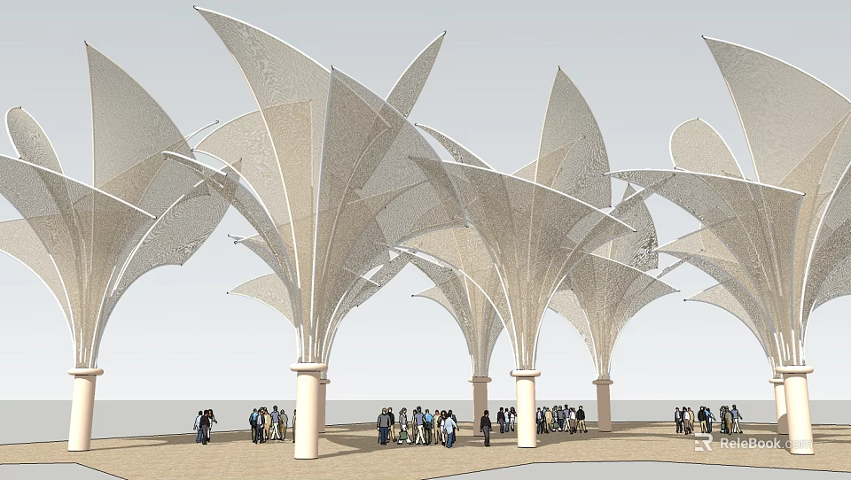 Tensile Membrane Structure With Leaf Shaped Canopies And White Support Columns In Outdoor Gathering Area 3d model 