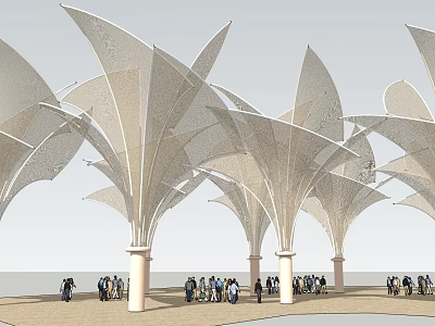 Tensile Membrane Structure With Leaf Shaped Canopies And White Support Columns In Outdoor Gathering Area 3d model