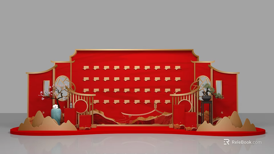 Chinese Style Decorative Backdrop With Red Gold Lattice Design And Traditional Ornaments 3d model 