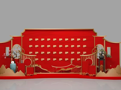 Chinese Style Decorative Backdrop With Red Gold Lattice Design And Traditional Ornaments 3d model