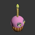 Cute Animated Purple Cupcake Game Movie Character With Big Eyes And Striped Candle