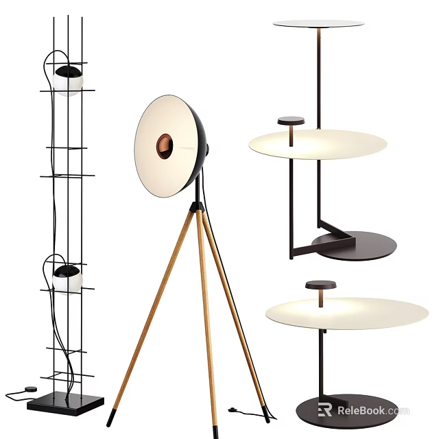 Modern Floor Lamps With Tripod Base Round Shades And Multi Tiered Trays Design 3d model 