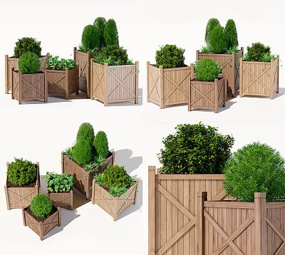 Various Bonsai Plants In Wooden Planters With Decorative Designs And Green Foliage 3d model