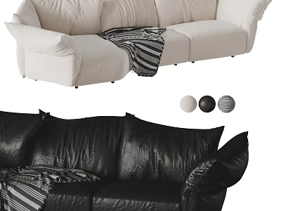 Cream Fabric And Black Leather Sectional Sofa With Striped Blanket Pillows And Decorative Balls 3d model