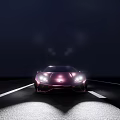 Purple Sleek Modern Sports Car With Shining Headlights On Night Road