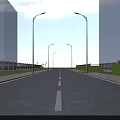 Municipal Road With Street Lamps Paved Sidewalk And Green Belts At Dusk
