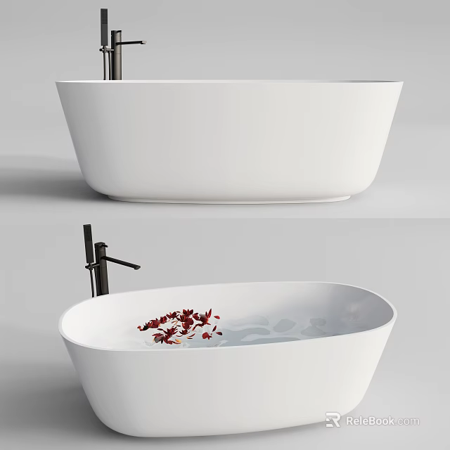 Modern White Freestanding Bathtub With Red Flower Petals And Black Faucet 3d model 