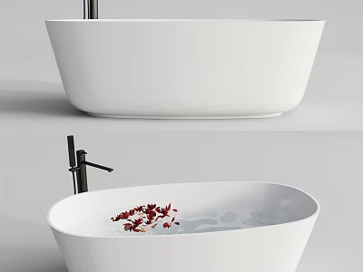 Modern White Freestanding Bathtub With Red Flower Petals And Black Faucet 3d model
