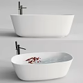 Modern White Freestanding Bathtub With Red Flower Petals And Black Faucet