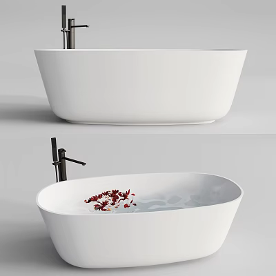 Modern White Freestanding Bathtub With Red Flower Petals And Black Faucet 3d model
