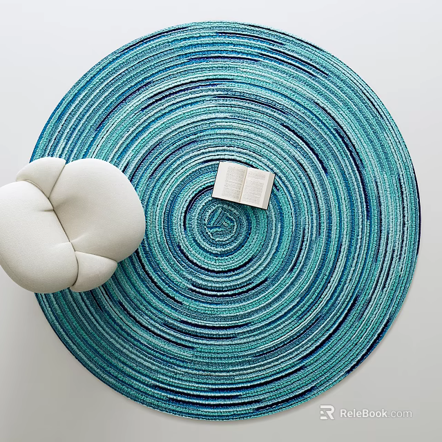 Round Rug with Teal Spiral Stripes featuring Open Book and White Cushioned Chair 3d model 
