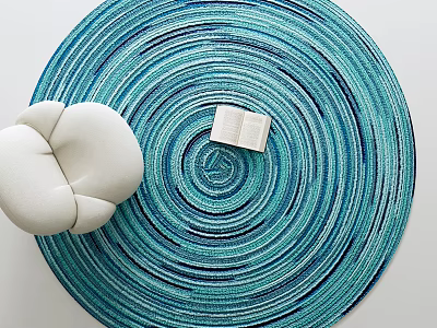 Round Rug with Teal Spiral Stripes featuring Open Book and White Cushioned Chair 3d model