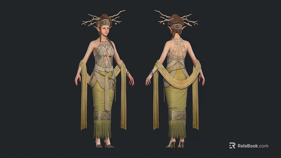 Elven Woman With Antler Headdress Embroidered Beige Green Outfit Fringe Details And Flowing Cape 3d model 