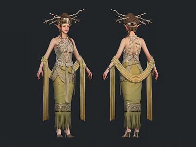 Elven Woman With Antler Headdress Embroidered Beige Green Outfit Fringe Details And Flowing Cape 3d model