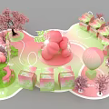 Spring Themed Floral Installation with Pink Blossom Trees Balloons and Gift Boxes