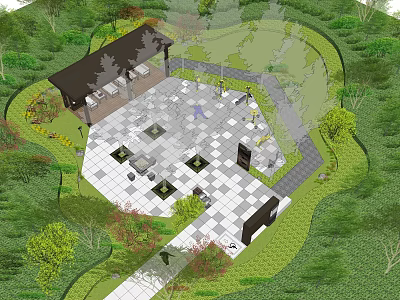 Garden Landscape Design Featuring Checkerboard Paving Pavilion Pathways And Lush Greenery 3d model